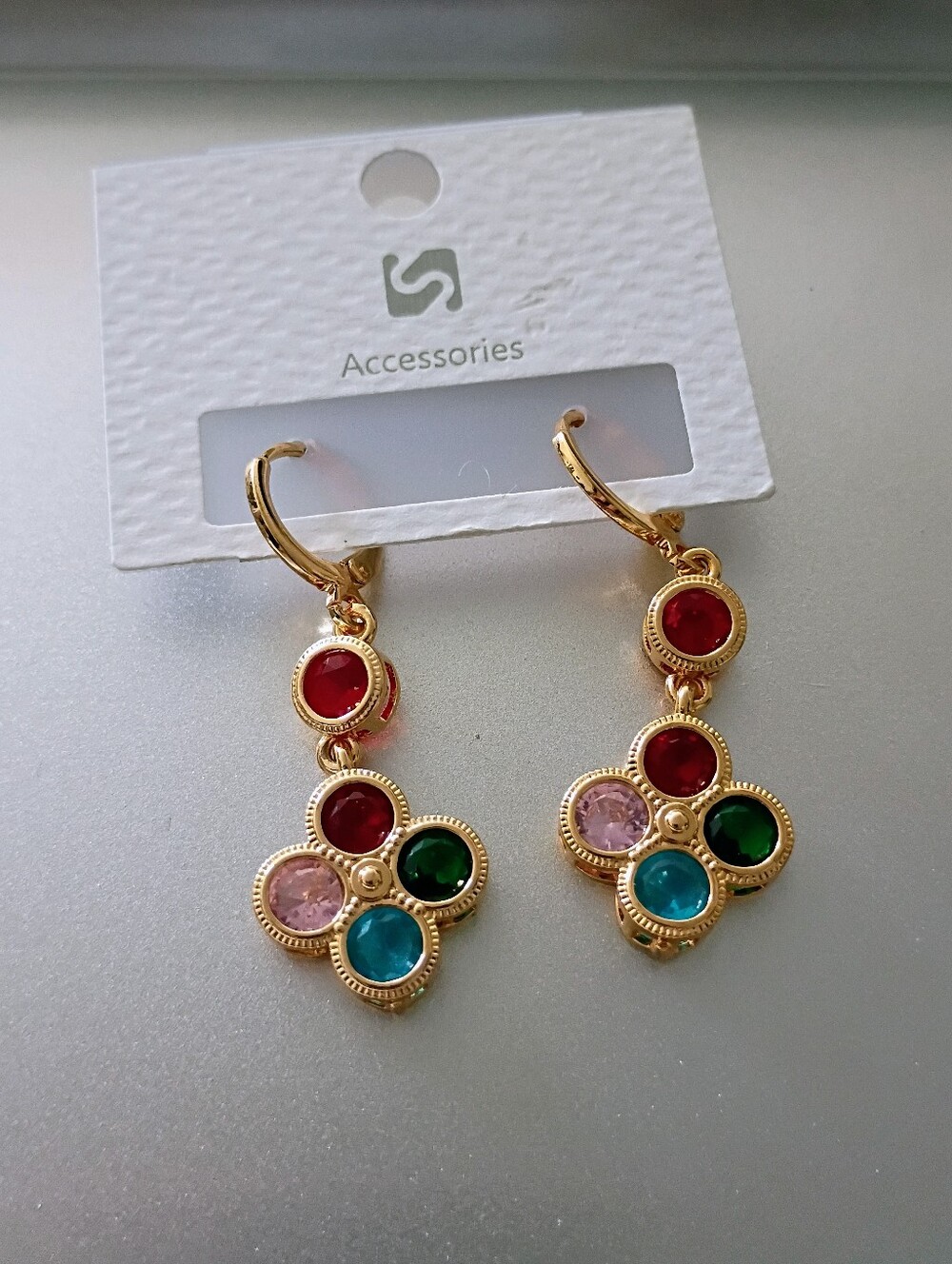 New Gold Plated Dangle Earrings with Red, Green, Blue and Pink Stones